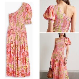 “NEW” FARM Rio One Sleeve Lobster print Slip On Shirred Waist Dress Sz Large